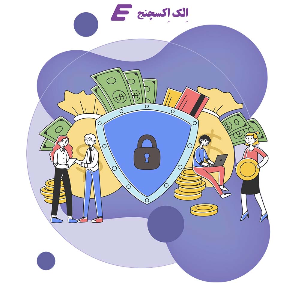 افرادی در حال تبدیل ارز دیجیتال با نماد قفل امنیتی برای حفظ ایمنی دارایی‌ها