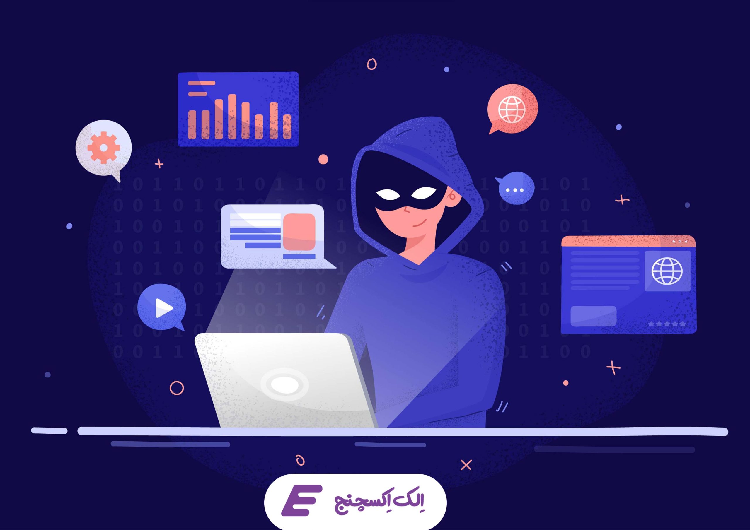 یک هکر پشت سیستم در حال نفوذ به داده‌های دیجیتال و تلاش برای سرقت ارزهای دیجیتال