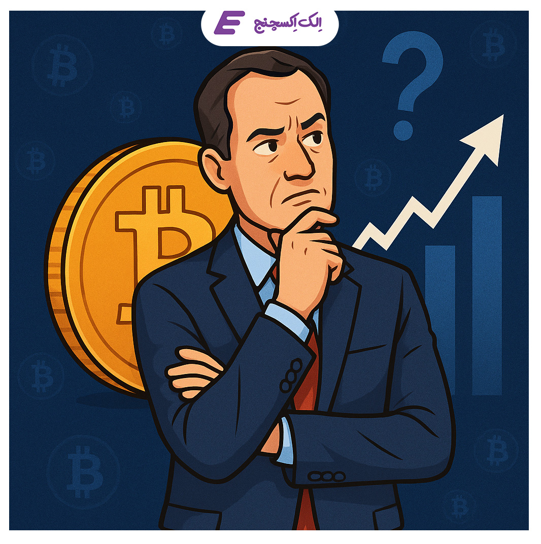 تصویر کارتونی آرتور هایز در حال تحلیل و پیش‌بینی قیمت بیت‌کوین با نمودار صعودی