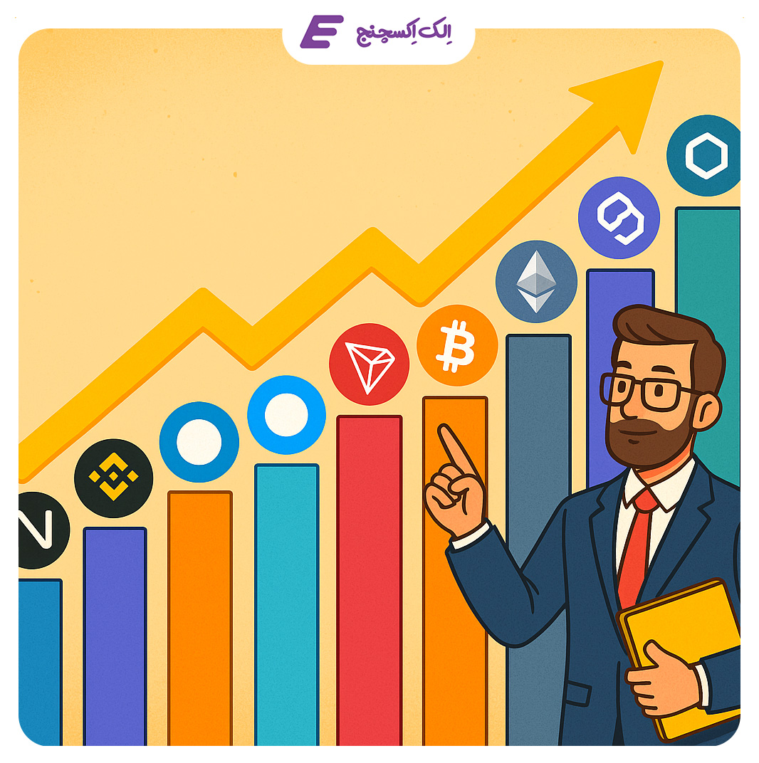 تصویر کارتونی مردی در حال اشاره به نمودار صعودی با لوگوی بلاکچین‌هایی مثل سولانا، بیت‌کوین، بایننس و اتریوم