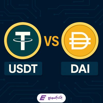 تصویر مقایسه دو استیبلکوین تتر (USDT) و دای (DAI) با پسزمینه آبی و طرحی از مدارهای بلاکچین؛ دو سکه دیجیتال در دو سمت تصویر و عبارت «VS» در مرکز.